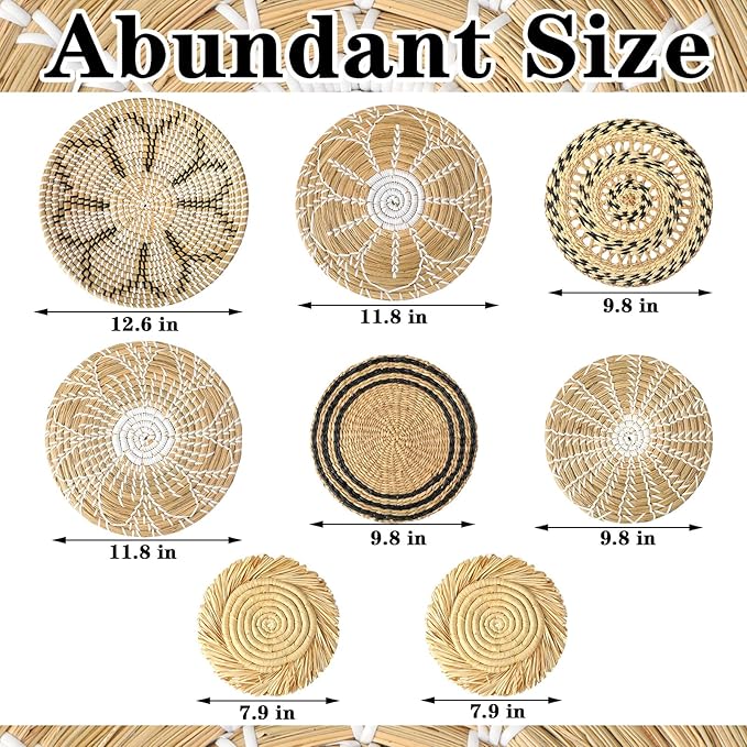 Xuhal 8 Pcs Boho Wall Basket Decor Decorative Bulrush Woven Basket Wall Decor Rustic Farmhouse Hanging Baskets for Kitchen Rustic Home Summer Decorations