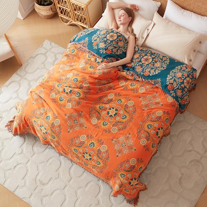Boho Throw Blanket for Bed 100% Cotton Soft Lightweight Quilt Floral Embroidery Home Decor Spring Breathable Orange Bed Blankets,90"x98" All Season Reversible Blankets for Sofa Couch Chair