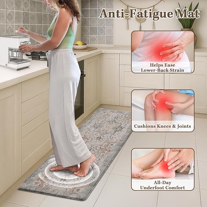 Arttown Kitchen Mats for Floor 2Pcs-Anti Fatigue Non Slip Mats for Kitchen Floor, Cushioned Waterproof & Stain-Resistant Boho Stripe Mat Set, Laundry Room, Office, Sink, Desk (Taupe)