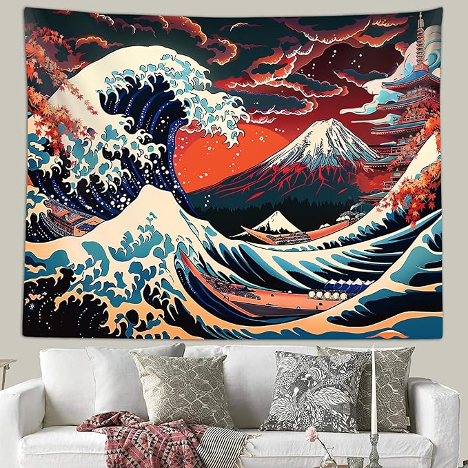 Sanzugh Cool Japanese Anime Tapestry Aesthetic, Black and Red The Great Wave Sun Mount Fuji Mountain Nature Art Tapestries Wall Hanging for Men Boys Bedroom Room Office Decor 60X40 Poster