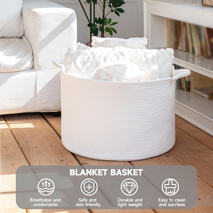 CLHMILY&Z Round Cotton Rope Storage Basket in Living Room, Bedroom, Laundry Room for Toy, Clothes, Blanket, Pillow (White, XLarge(14.2"x22"))