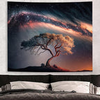 Space Galaxy Tree of Life Tapestry for Bedroom Aesthetics, Black Starry Sky Night Star Posters Tapestries, Nature Landscape Blackdrop Wall Hanging for Men Dorm Living Room Decor 51 X 60 Inches