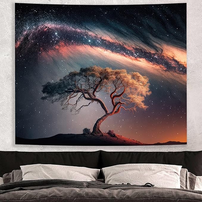 Space Galaxy Tree of Life Tapestry for Bedroom Aesthetics, Black Starry Sky Night Star Posters Tapestries, Nature Landscape Blackdrop Wall Hanging for Men Dorm Living Room Decor 51 X 60 Inches