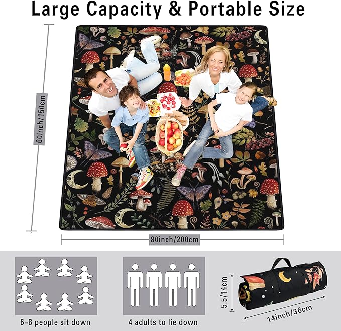 Extra Large Picnic Blankets Waterproof Foldable (60"x 80") Mushroom Beach Blanket Waterproof Sandproof,3-Layer Thicking Mat Outdoor Packable Camping Blanket