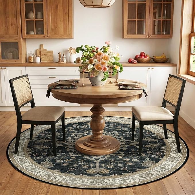 Area Rugs Round 6ft Washable Non-Slip, Floral Vintage Distress Print Pattern Medallion Carpet for Living Room Bedroom Dining Room, Vintage Black Brown Neutral