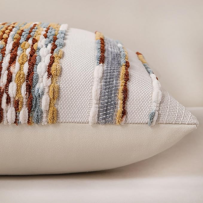Boho Striped Throw Pillow Covers 18x18 Inch Set of 2 Farmhouse Decorative Pillow Covers Chenille Tufted Accent Neutral Pillowcase Brown White Cushion Cover for Living Room Couch Sofa Bed