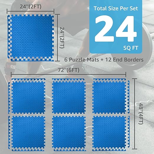 Art3d 24 Sq.Ft Eva Puzzle Exercise Mats, 1/2" Thick Foam Interlocking Tiles for Gyms, Flooring, Workout, Gym Equipments, Pack of 6, Blue