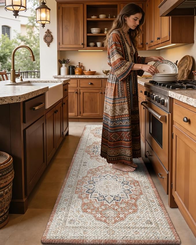 DEXI Kitchen Floor Mats Anti Fatigue, 23x86 Large Long Cushioned Vintage Runner Rug Waterproof, Standing Comfort Memory Foam Padded for Front Sink Laundry Office, Orange and White