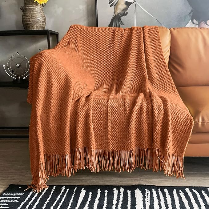 LOMAO Knitted Throw Blanket with Tassels Bubble Textured Lightweight Throws for Couch Cover Home Decor (Orange, 60x80)