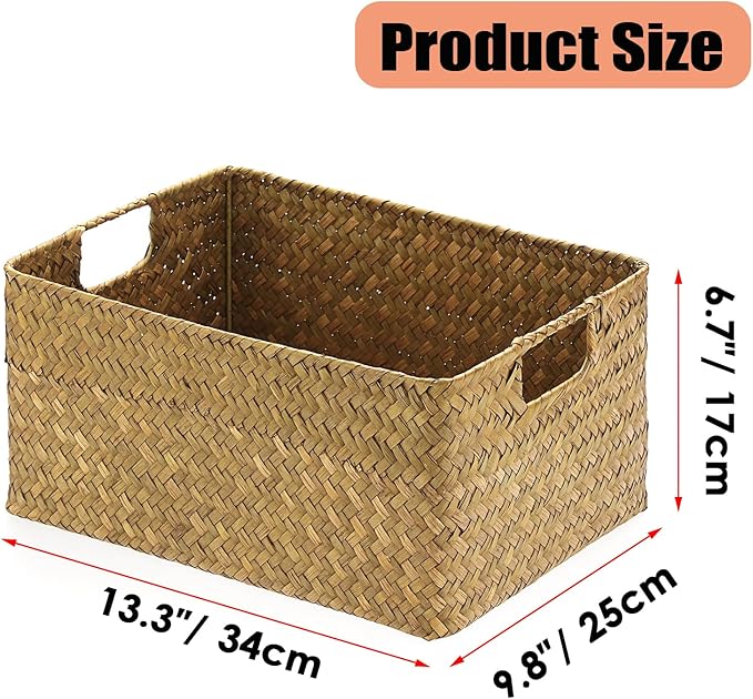 Hipiwe Seagrass Storage Basket Bin Rectangular Handwoven Wicker Storage Box with Handle Opened Baskets Box for Shelf Organizing Closet Bathroom, Caramel, Medium