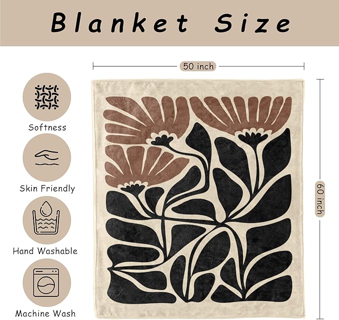 HIWX Boho Abstract Floral Blanket, Boho Brown and Black Abstract Flowers Throw Blanket for Home Living Room Bedroom Decor, Floral Room Decor, 50x60 Inches