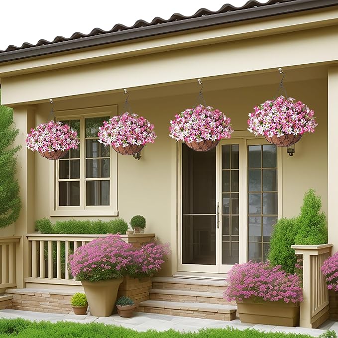Artificial Silk Flowers Hanging Baskets Outdoors Indoors,Chrysanthemum with Eucalyptus Leaves Arrangement for Garden Yard Spring Summer Decor,Faux Plant in Metal Coconut Lining Flowerpot(Pink)