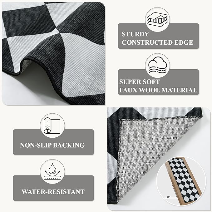 Beeiva Checkered Print Runners for Hallways 2.5x8, Ultra Thin Black Kitchen Runners Non Skid Washable 8 ft, Modern Diamond Stain Resistant Low Pile Carpet for Bathroom Entryway Bedroom Laundry