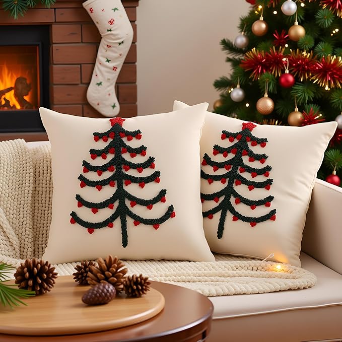 Tosleo Christmas Tufted Pillow Covers 18 x 18 inch Set of 2 Green Xmas Tree with Red Berry Throw Pillow Cover Party Decor Winter Holiday Embroidery Cushion Case for Sofa Couch Bed Living Room