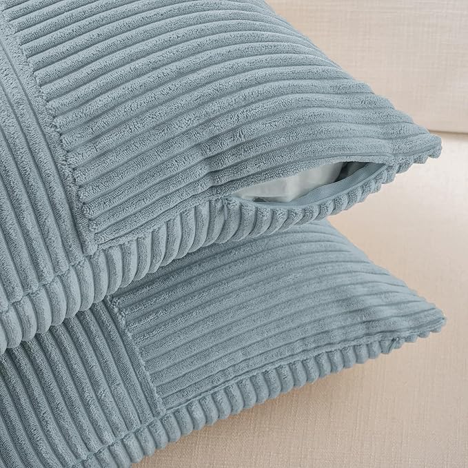 Fancy Homi Set of 2 Light Blue Decorative Throw Pillow Covers 18x18 Inch with for Couch Bed Sofa Living Room, Soft Cross Patchwork Striped Corduroy Coastal Blue Square Cushion Case 45x45 cm