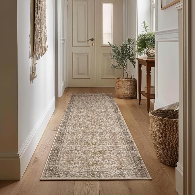 2'x6' Washable Runner Rug Utral Soft Lightweight Vintage Boho Distressed Non-Slip Backing,Low Pile Stain Resistant Farmhouse Rug for High-Traffic Hallway, Kitchen & Laundry