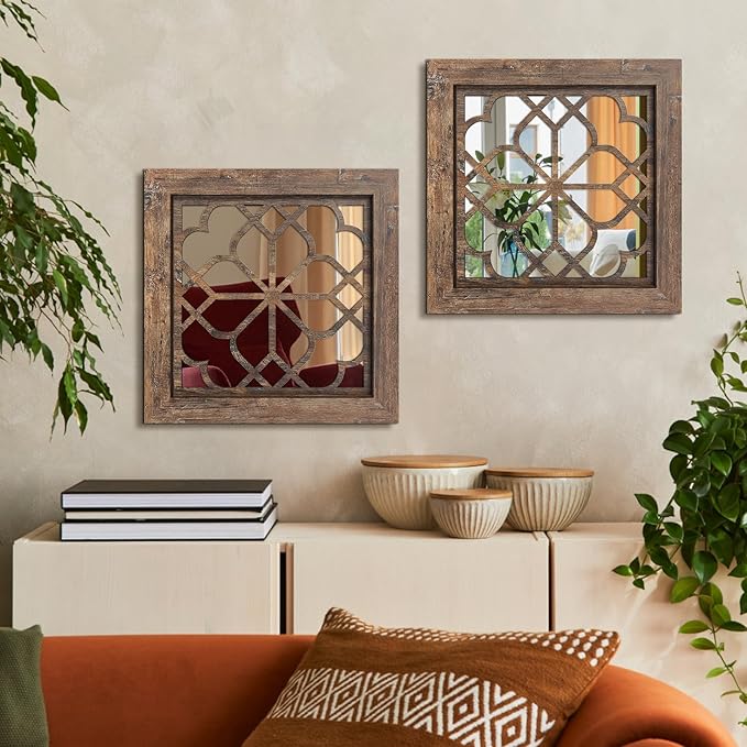 Boho Wall Mirror Decor, Set of 2 Rustic Farmhouse Mirror 12x12 Inch, Square Shatterproof Vintage Style Mirrors for Wall, Small Decorative Mirrors for Living Room, Bedroom(Redbrown)