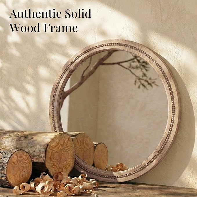36" Large Round Wood Mirror for Living Room Fireplace, Big Solid Wood Wall Mirror - Oversized Boho Beaded Circle Mirror for Entryway Console & Dining Room