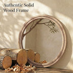 30" Round Solid Wood Mirror for Bathroom Vanity, Handcrafted Beaded Circle Wall Mirror - Natural Boho Farmhouse Decor for Entryway & Bedroom