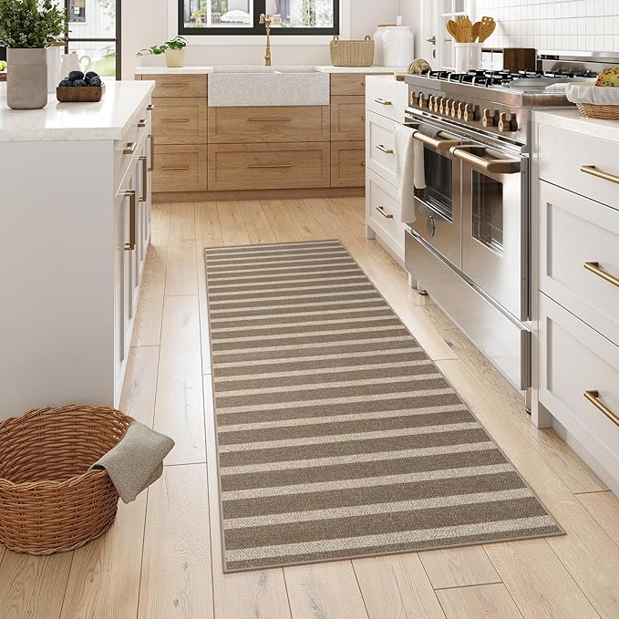 Lahome Elance Striped Easy Jute Hallway Runner Rug, 2x6 Kitchen Mats for Floor Washable Entryway Runner, Farmhouse Neutral Indoor Outdoor Carpet for Hallway 6ft Entry Laundry, Khaki