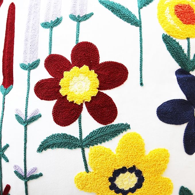Embroidered Throw Pillow Cover Boho Floral Pillow Covers for Couch Sofa Botanical Leaves Cotton Linen Bohemian Pillow Covers 3D Big Flowers Multicolor 2PCS Pillowcase Covers 18x18 Inch