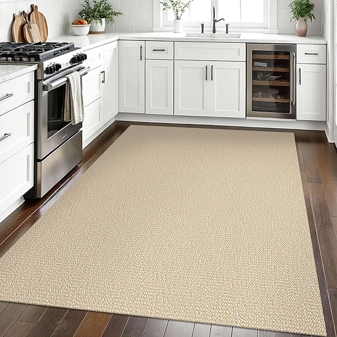 EARTHALL Washable Area Rugs 5x7 Ft Non Slip Living Room Rugs Cotton Dining Room Rug Braided Bedroom Rugs Indoor Outdoor Floor Carpet for Living Room, Bedroom, Dining Room, Golden Beige/White