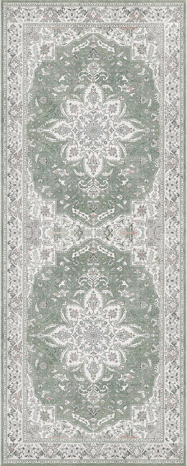 GENIMO 2X5 Washable Vintage Runner Rug for Hallway, Non-Slip Low Pile Chenille Print Rug, Soft Rugs for Indoor Entryway Kitchen Corridor, Sage & Linen