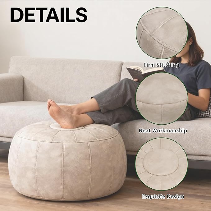 Thgonwid Unstuffed Moroccan Storage Pouf Foot Stool Ottoman Seat Handmade Faux Leather Bean Bag Floor Chair Foot Rest for Living Room, Bedroom or Balcony (Mushroom)