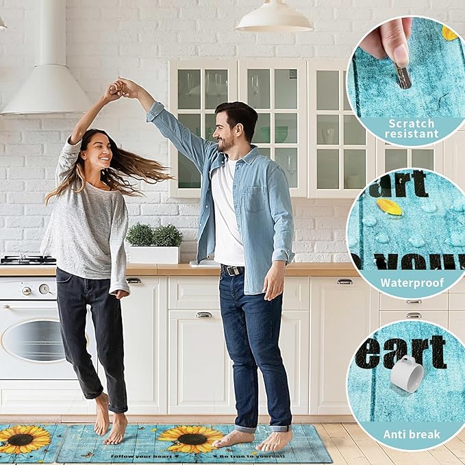 Likiyol Sunflower Kitchen Rugs Sets of 3 Kitchen Mats for Floor Anti Fatigue Mats for Kitchen Floor, Spring Floral Flower Non Slip Washable Standing Floor Mats, 18''x30''+18''x48''+18''x60''(Blue)