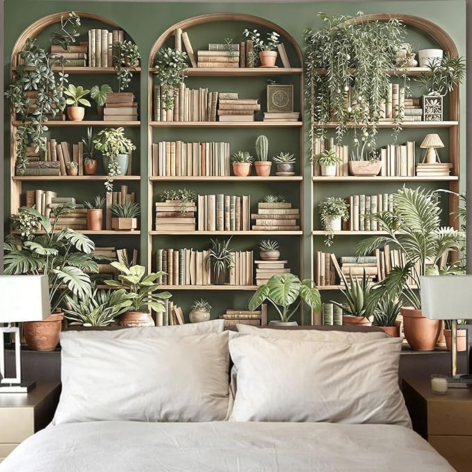 Accnicc Sage Green Plant Bookshelf Tapestry Botanical Bookshelf Tapestries Wall Hanging Vintage Potted Plants Library Backdrop Extra Large Tapestry for Bedroom Living Room Dorm 90 x 68 inch
