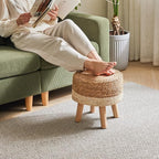 YMYNY Foot Stool Natural Seagrass Hand Weave, 12.6" Small Ottoman, Round Footrest for Living Room, Bedroom, Entryway, Change Shoes Stool, Non-Skid Wood Legs, Boho, Natural+White, UHBD027W