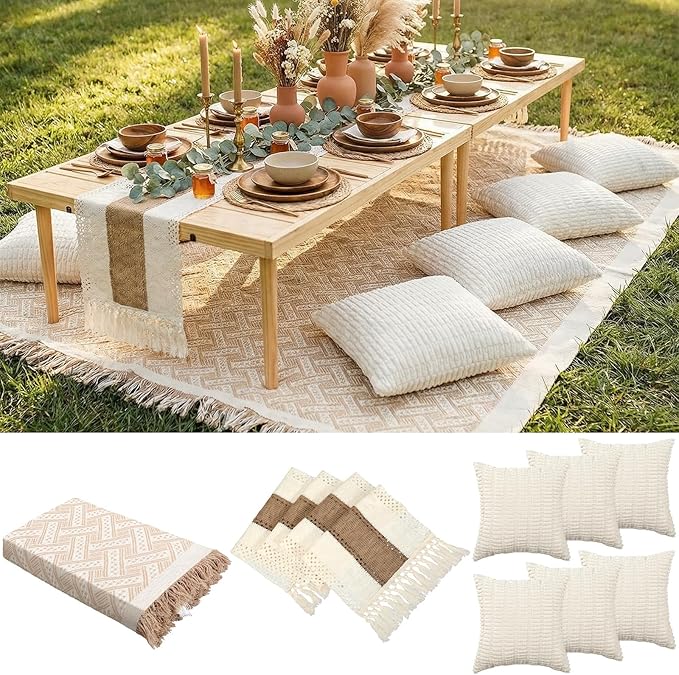 Extra Large Outdoor Boho Picnic Blanket 118'' x 71'' Beige White Table Runner 6 Throw Pillow Cover Woven Cotton Yarn Oversize Beach Blanket Washable for Picnic Camp Wedding