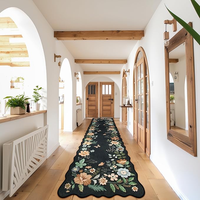Lahome Floral Hallway Runner Rug Non Slip, 2'6''x10' Washable Runner Ultra-Thin Soft Kitchen Runners for Hallways, Stain Resistan Carpet for Entryway Bathroom Flore (Black/Grey)