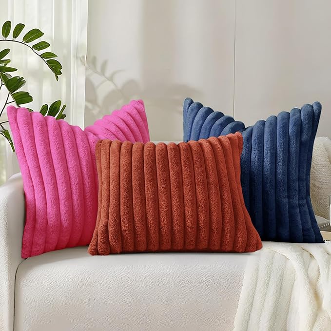 decorUhome Cozy Faux Fur Throw Pillow Covers 22x22 Set of 2 Decorative Soft Plush Striped Modern Farmhouse Boho Couch Euro Sham Pillow Cases with Velvet Back for Sofa Bed Living Room, Blue