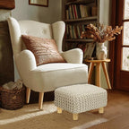COTTON CRAFT Braided Footrest - Handknitted Dori Foot Stool with Sturdy Wood Legs – Handmade Boho Leg Rest - Small Spaces Under Desk Living Room Entryway Low Footstool Pouf - 16.5x12x9.5 - Ivory