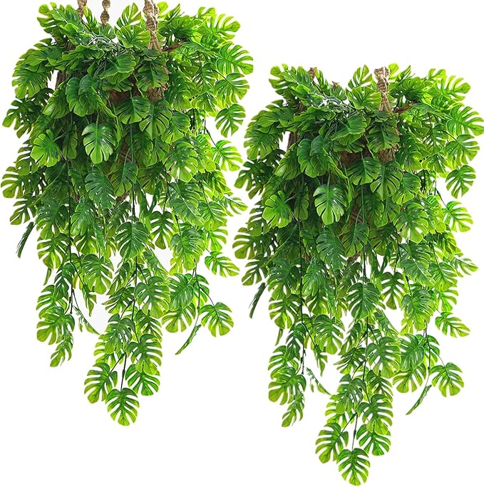 CATTREE Monstera Leaves Artificial Hanging Vines 4 Pack, Fake Ivy Tropical Leafs Green Leaf Plants Greenery Faux Vine Ivy Rattan Ferns for Wedding Garden Home Hawaiian Part Outdoor Décor