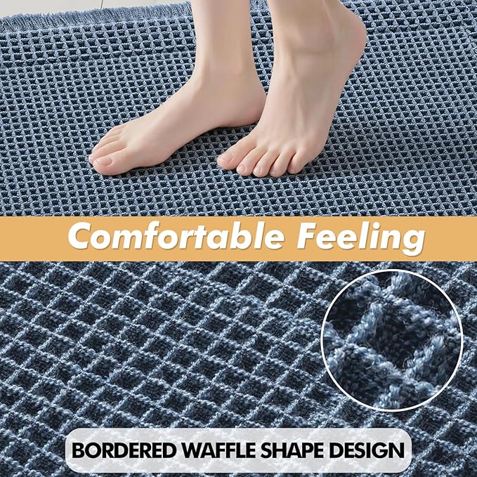MIULEE Set of 2 Waffle Bathroom Rugs, Boho Bath Rug Super Absorbent, Non Slip Washable Ultra Soft Rubber Backed Shower Bath Mats for Floor, Tub, Shower, Bordered Design, Blue, 17"x24"+18"x30"