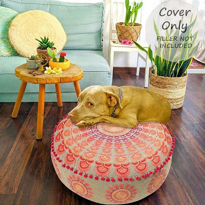 Mandala Life ART Large Boho Pouf Cushion Cover Pink Round Floor Pillow Luxury Kids Room Décor Cotton Pouf Ottoman Cushion for Meditation Yoga and Boho Chic Seating Area Stool Cotton 24x8 Unstuffed