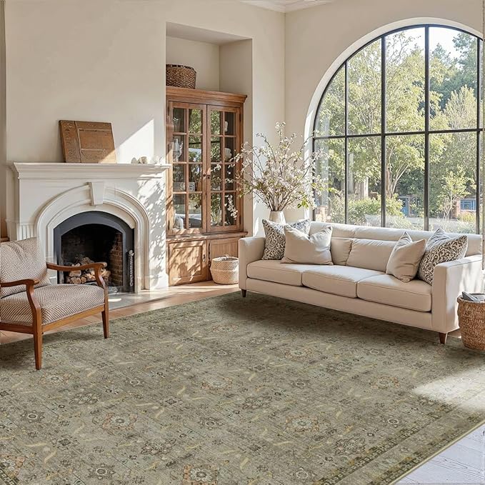 5x7 Area Rugs for Living Room Bedroom, Washable Rug, Vintage Floral Boho Rug, Non Slip & Low Pile Faux Wool Thin Carpet for Indoor Dining Room and Kids Room(Olive Brown 5x7ft)