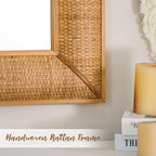 Boho Rattan Wall Mirror Wooden Framed Rectangle Mirror Rattan Decorative Farmhouse Hanging Mirror for Bathroom Vanity Entryway Living Room Home Wall Decor - 23.82" x 1.78" x 31.5"