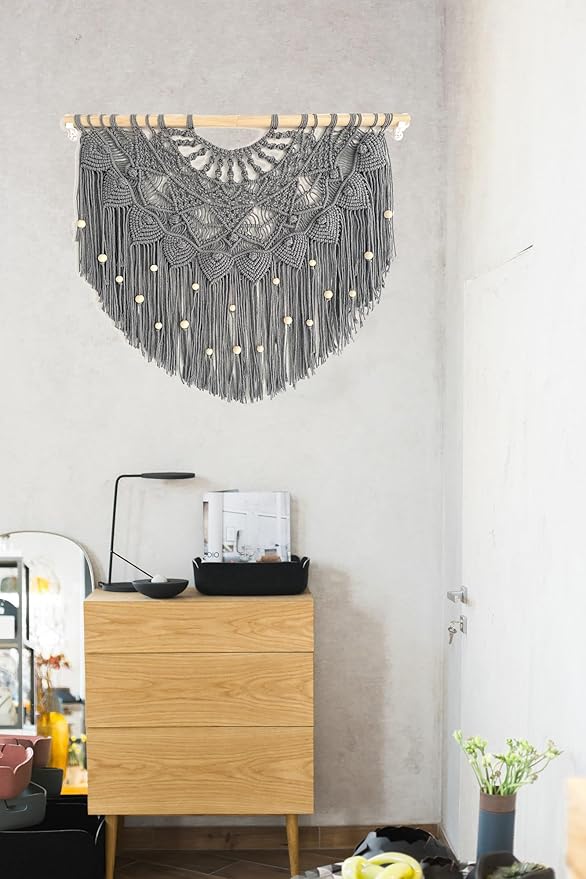 Youngeast Large Macrame Wall Hanging Boho Beaded Curtain for Window Macrame Bedroom Headboard Living Room Wall Art Tassel Tapestry Bohemian Woven Wall Decor 31" W X 25" H (Grey)