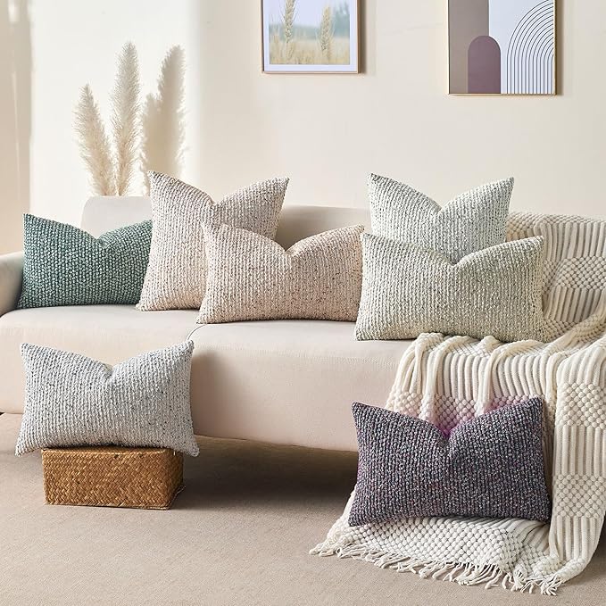 Decorative Couch Throw Pillow Covers 18x18 Cream Gray Striped Soft Wool Pillow Covers Neutral Textured Boho Cushion Covers for Modern Farmhouse Sofa Bedroom Living Room Decor SY011-B18