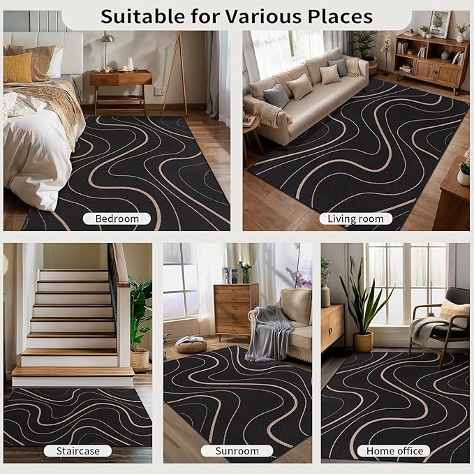 Tangsoo Easy Jute 2x3 Outdoor Rug for Entry,Washable Thin Rug Non-Slip Black Lines Neutral Indoor Mat Farmhouse Small Throw Carpet for Kitchen Bedroom Front Porch Doorway Entryway