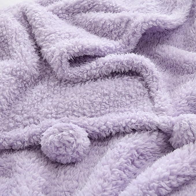 HORIMOTE HOME Ultra Soft Cozy Sherpa Throw Blanket with Pompom Fringe, Light Weight Warm Decorative Boho Style Plush Throw Blanket Cover for Couch, Sofa, Bedroom,Travel, Outdoor, 60”x80”, Purple
