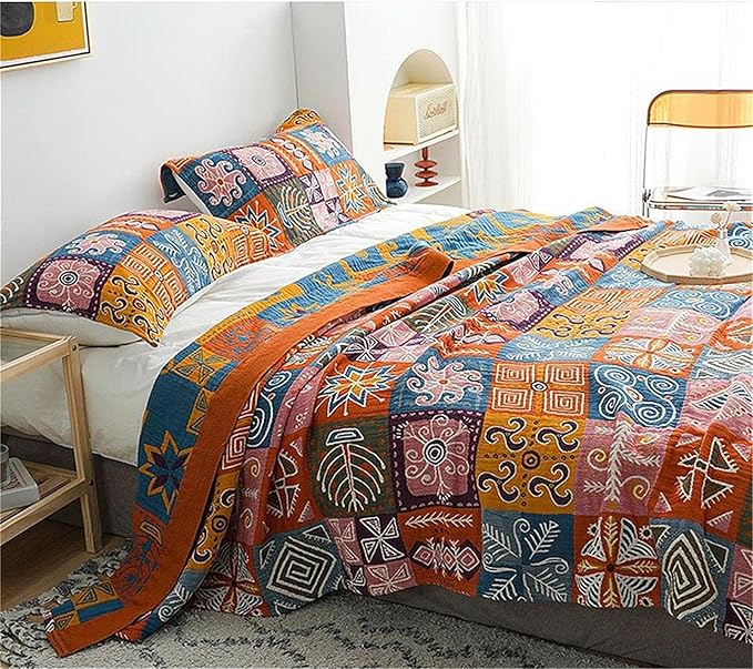 MSGKV Spring Cotton Throw Boho Blanket for Couch Bed, 60''x80'' Muslin Brathable Lightweight Travel Decor Blanket for Bedroom