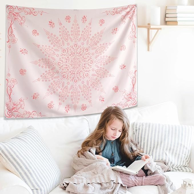 KJHL Floral Bohemian Tapestry Black and White Flower Aesthetic Tapestry Mandala Room Decor Wall Hanging Boho Tapestries for Bedroom Dorm(Pink, 59" x 79")