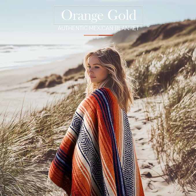 Authentic Large Handwoven Mexican Blanket - Soft Yoga- Durable Serape- Lightweight Falsa, Beach, Camping, Picnic, Outdoor Blanket 70"x50" - Orange Gold