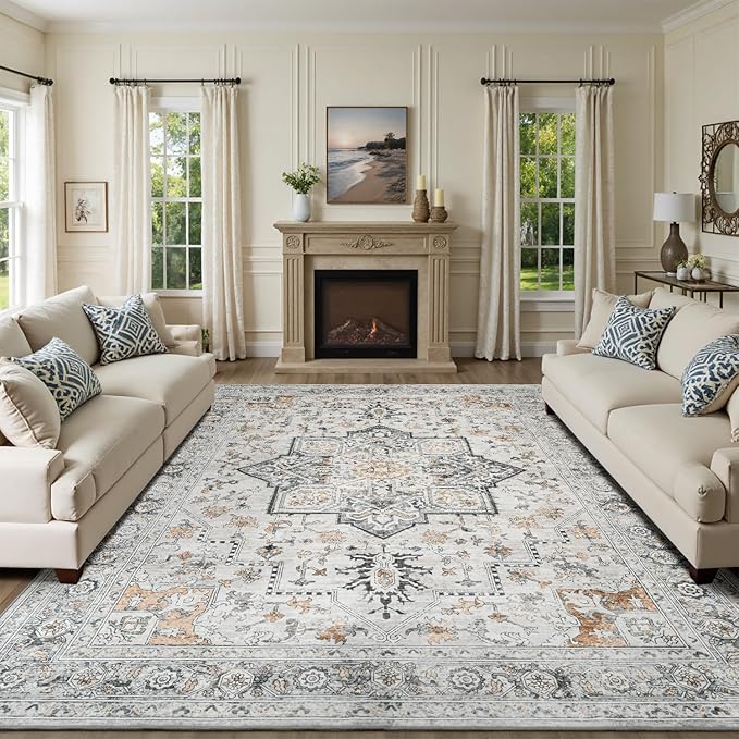 Lessymo 9×12 Area Rugs Washable for Living Room, Large Soft Indoor Rug Non-Slip for Bedroom Kitchen Dining Room Dorm Nursery, Vintage Boho Carpet Stain Resistant for Office Home Decor, Grey/Brown