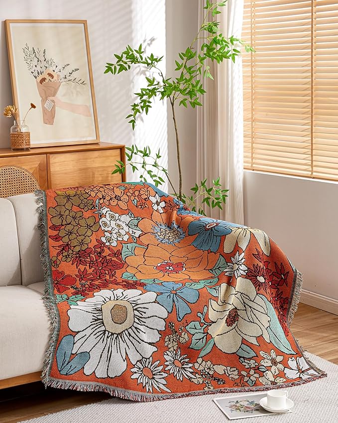 Erke Chair Recliner Cover Boho Throw Blanket Hippie Living Room Decor Wall Tapestry Outdoor Picnic Camping Rug Mattress Beach Towel Sofa Furniture Slipcover Bohemian 50”x70” Orange Florals