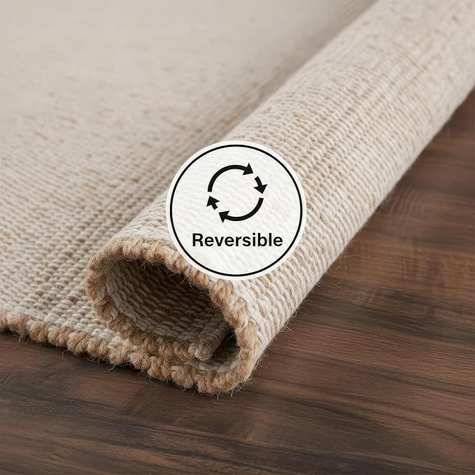 Neutral Jute Boho Rug 2x3 ft Braided Rug 2X3 - Earthy Farmhouse Cotton & Jute Carpet - Braided Rug for Kitchen - Reversible Woven Rug